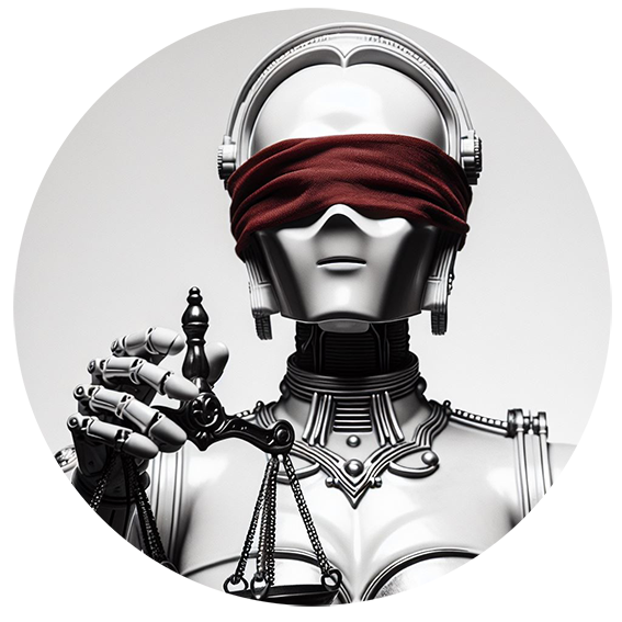 unbiased AI symbolized by a humanoid robot with a blindfold holding the scales, like justicia - for research project transfAIr by spotixx