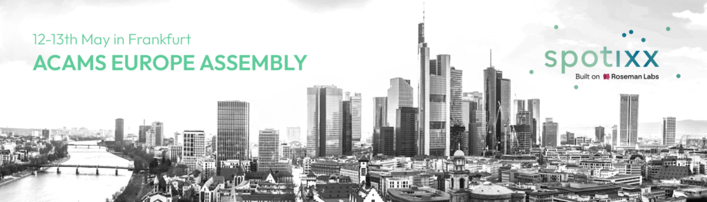 the city of frankfurt with the text ACAMS EUROPE ASSEMBLY spotixx